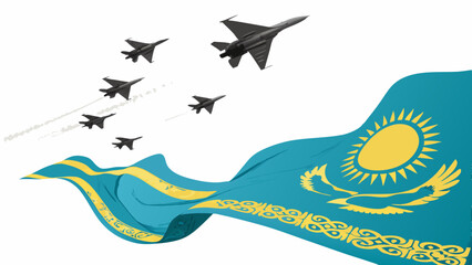 Kazakhstan flag waving with fighter jets airshow