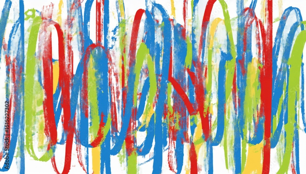 Poster dynamic abstract crayon strokes in red blue green and yellow over white background for expressive mo