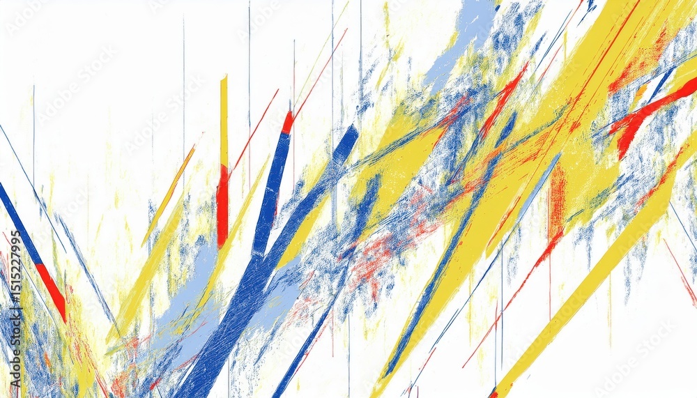Poster dynamic abstract artwork with diagonal strokes in yellow, blue, and red on white background, ideal f