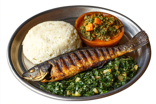 A photorealistic top-down view of a Kenyan ugali with sukuma wiki and grilled tilapia
