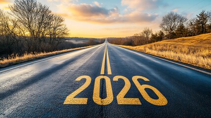 Road to 2026 at Sunrise, A long, empty road stretches into the distance with 2026 painted on it, under a vibrant sunrise sky