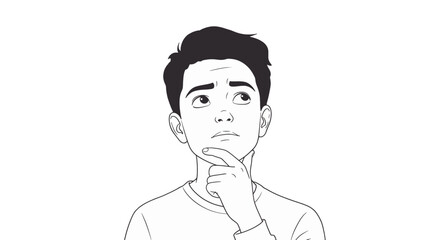 Fototapeta premium Illustration of a thoughtful young man pondering a question with hand on chin and looking up in contemplation