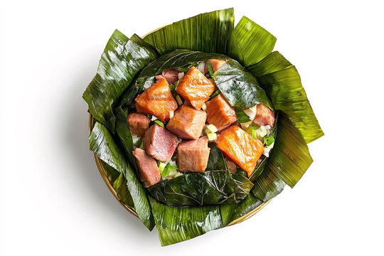 A photorealistic top-down view of a Hawaiian lau lau