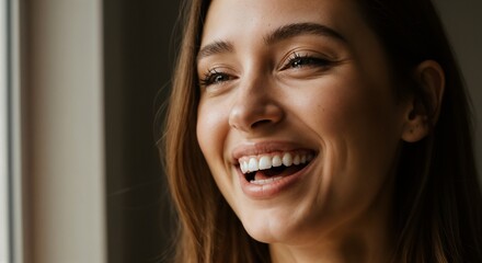 Close-up Portrait of a Happy Young Woman Smiling by the Window
