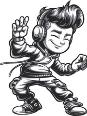 Monochrome Cartoon Teen Boy Listening to Music, A black and white cartoon teenage boy enjoying music with headphones and dancing.