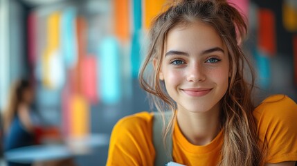 Smiling girl with a yellow shirt and backpack sitting at a table portrait copy space