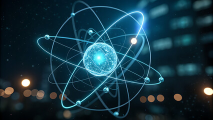 Futuristic Glowing Atom Model with Electron Orbits in Dark Background