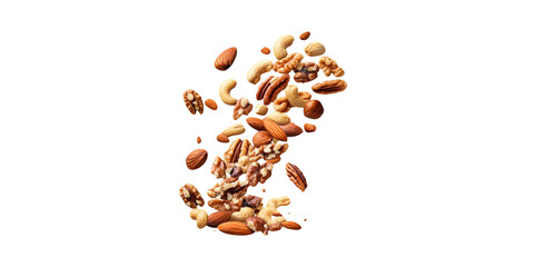 Assorted Nuts Falling. Healthy Snack And Nutritional Benefits Isolated On Transparent Background