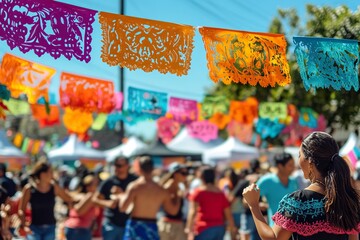 Traditional outdoor festival with colorful papel picado decorations