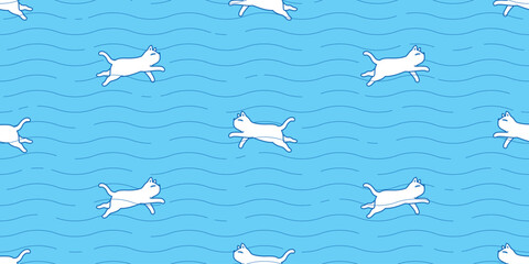 cat seamless pattern swimming calico kitten cartoon doodle pet animal illustration gift wrapping paper tile background repeat wallpaper scarf isolated