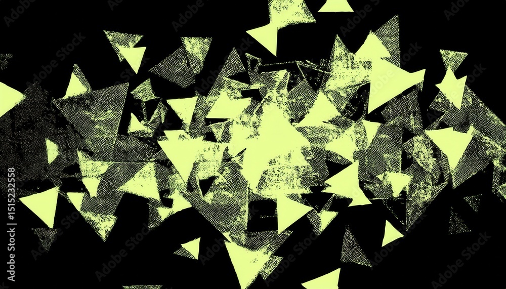 Poster abstract halftone neon shards with chaotic geometric dispersion over black background for modern web design, cyberpunk print, or edgy branding with glitch inspired motion aesthetic

