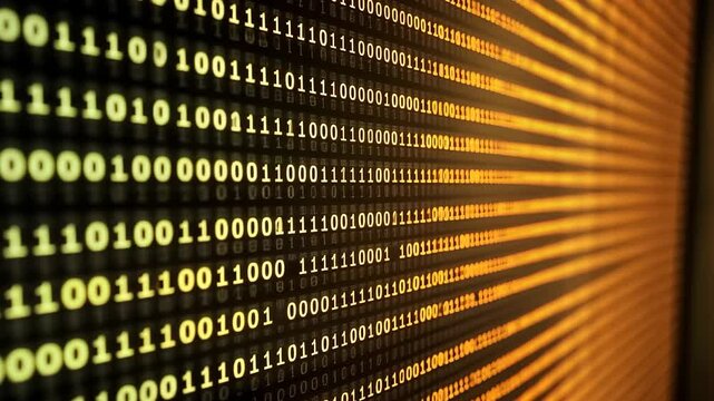Abstract golden stripes and binary code pattern on a digital technology background display