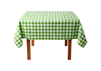 Table covered with green and white checkered tablecloth on transparent background, PNG