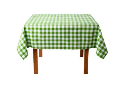 Table covered with green and white checkered tablecloth on transparent background, PNG