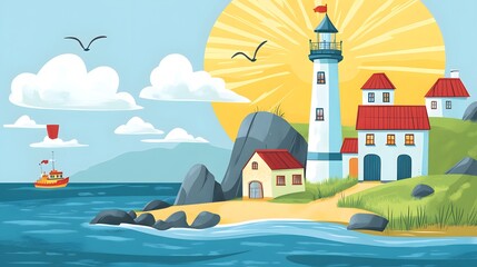 Fototapeta premium Colorful illustration of a coastal scene with a lighthouse and village.