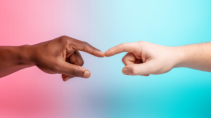 Close-up of two hands reaching to touch on colorful gradient background.
