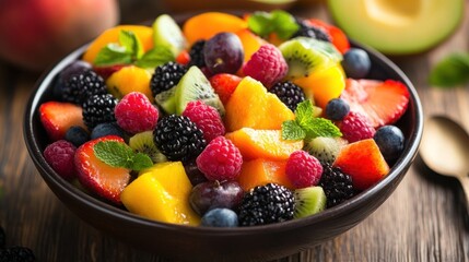 Colorful fruit salad in a bowl, featuring mango, raspberries, blueberries, kiwi, blackberries, strawberries, and red grapes.