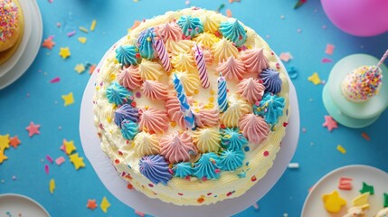 Colorful birthday cake with pastel frosting, sprinkles, and candles on a blue table.