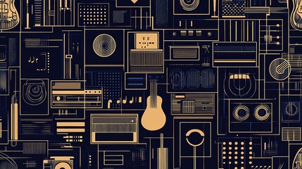 Geometric illustration of musical instruments and equipment.