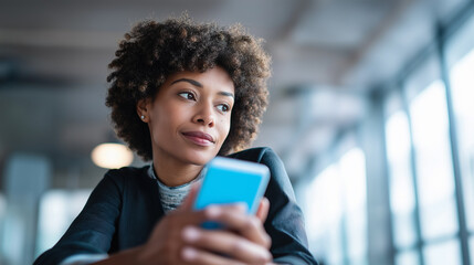 Fototapeta premium Thoughtful businesswoman holding a smartphone and looking away in a bright office space. 