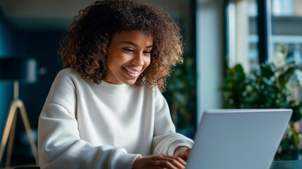 Fototapeta premium Young woman smiling while working or studying on a laptop at home, surrounded by greenery. 