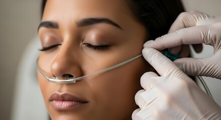 Nasal cannula oxygen therapy: serene woman receiving medical assistance in hospital