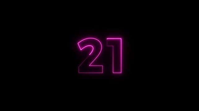 Neon countdown 21 numbers animation background 4k video. Mission and score 21 complete text video.