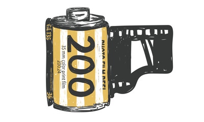 Vintage camera film print design for t shirt print, poster, sticker, background and other uses. Camera film roll and the film strip.