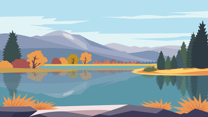 Scenic autumn lake surrounded by colorful trees with calm water and reflections in a peaceful natural landscape
