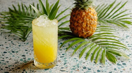 Pineapple iced mocktail, terrazzo counter, tropical vibes with minimalist accessories