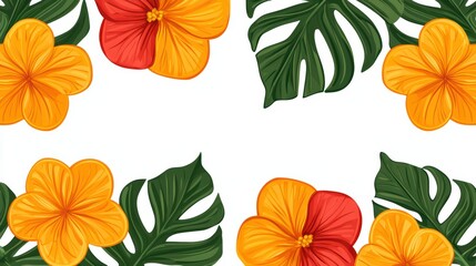 Obraz premium Vibrant Tropical Floral Background with Hibiscus and Green Leaves for Summer Decor and Design Projects