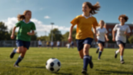 Obraz premium Blurred background of children playing soccer on the field. Focus on foreground. Created using generative AI tools