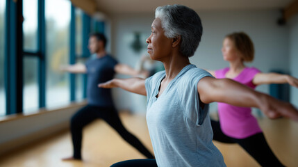 Older adults practicing yoga in a studio, focusing on balance and breathing in warrior pose.
