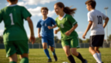 Obraz premium Blurred background of children playing soccer on the field. Focus on foreground. Created using generative AI tools