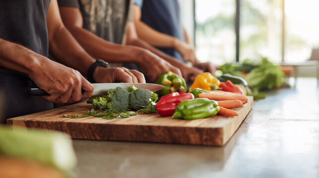 Close-up of multiple hands chopping fresh vegetables on wooden boards during a group cooking session.
