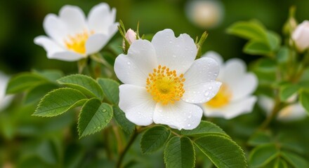 Obraz premium Korean Wild Rose with White Petals and Yellow Center Blooming in Spring
