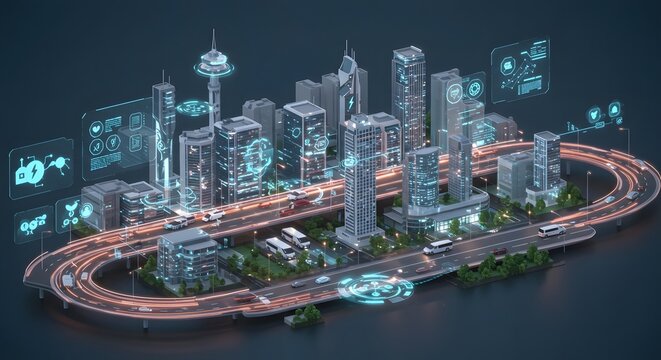 Futuristic Cityscape Visualization with Glowing Data Streams and Infrastructure - Powered by Adobe
