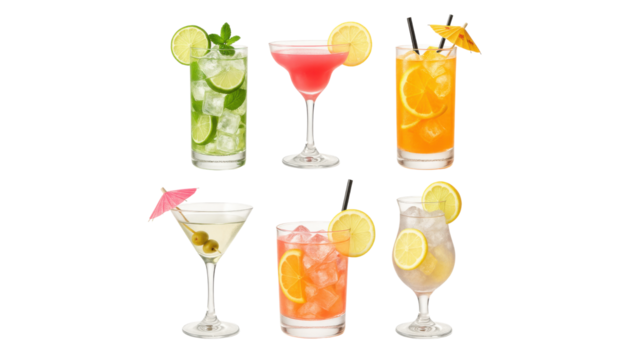 Cocktail assortment: An array of refreshingly vibrant cocktails and mocktails, meticulously arranged to tantalize and visually captivate the eye. This photo encapsulates the essence of conviviality.