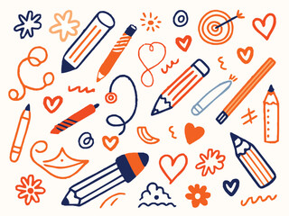 Seamless doodle pattern with school tools icons set