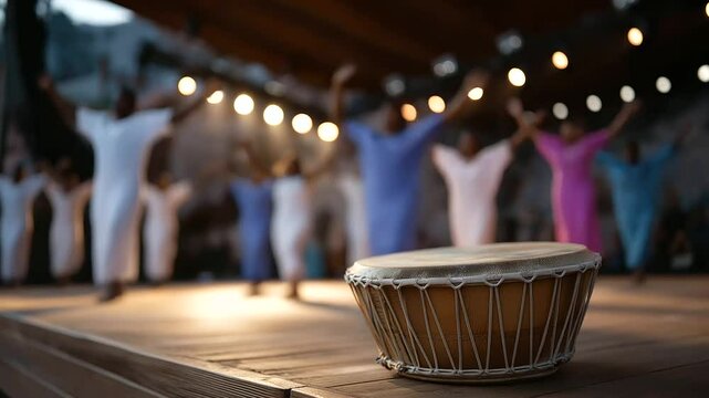 Immigrant festival group dancing with traditional instruments