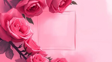 Elegant pink roses with a square frame, perfect for romantic invitations, cards, and backgrounds with a soft, watercolor aesthetic