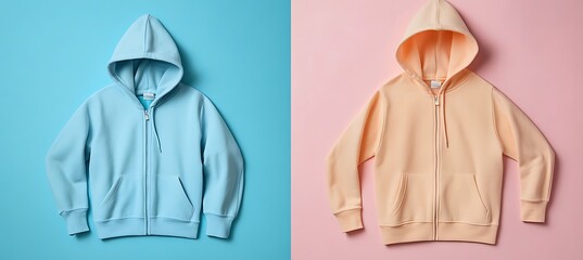 Casual Zip-Up Hoodie on Pastel Backdrop with Ample Space for Custom Branding