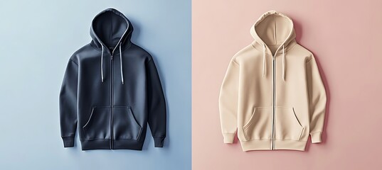 Casual Zip-Up Hoodie on Pastel Backdrop with Ample Space for Custom Branding