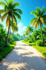 Fototapeta premium Serene Palm-Lined Pathway Winding Through Lush Tropical Paradise Under a Bright Sunny Sky