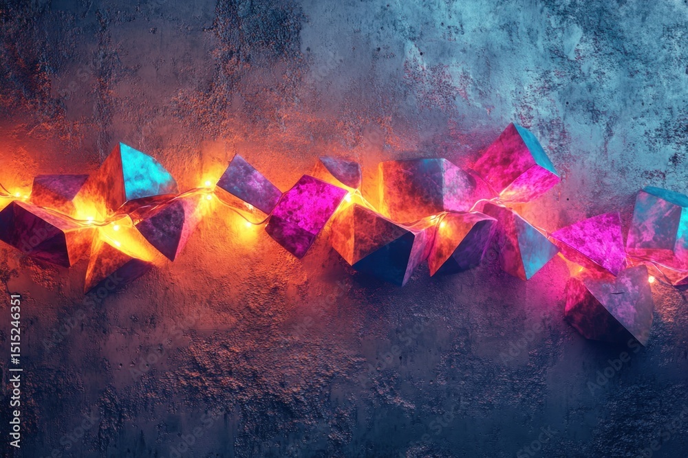 Wall mural a string of colorful geometric shapes illuminated by warm lights on a textured gray background art p