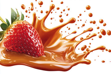 Cutout of golden caramel and bright red strawberry sauce splashing together splashing, isolated on a PNG transparent background