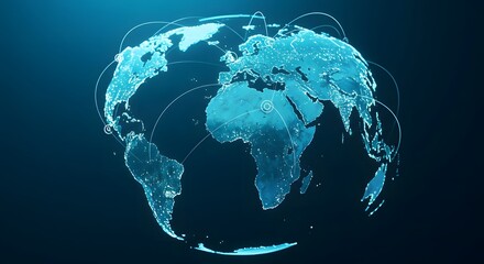 Fototapeta premium Glowing World Globe Network Connecting Continents on Dark Background