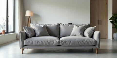 A Serene Gray Sofa in a Minimalist Living Space, Featuring Soft Cushions and Natural Light
