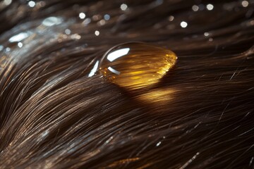 Obraz premium Hair Care Oil Droplet Resting on Golden Strands of Hair With Moisture Beads