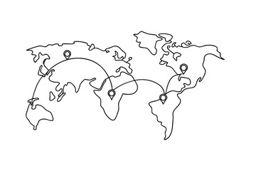 Continous line drawing world map global connections